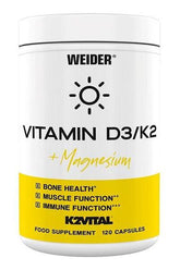 Weider Vitamin D3/K2 + Magnesium supplement jar, promoting bone health, muscle function, and immune support.